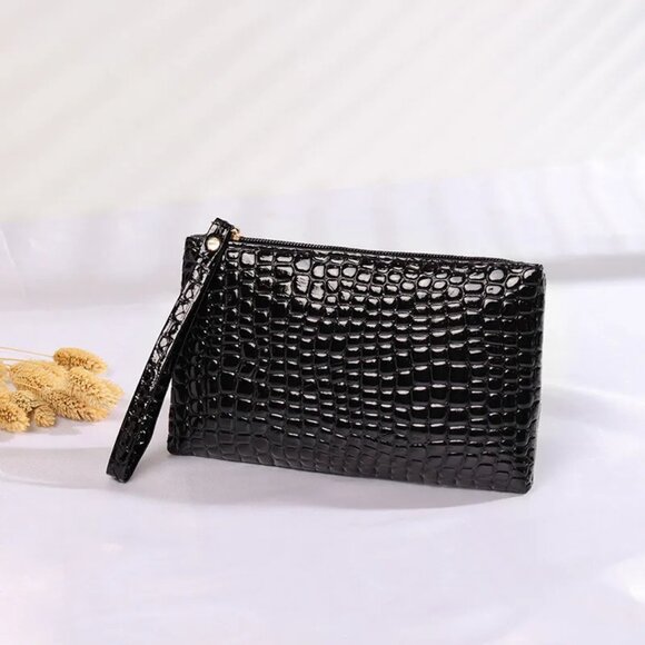 $10 ADD ON ITEM -Black Croc-Embossed Leather Clutch Wristlet Zip Pouch Purse - Picture 5 of 5